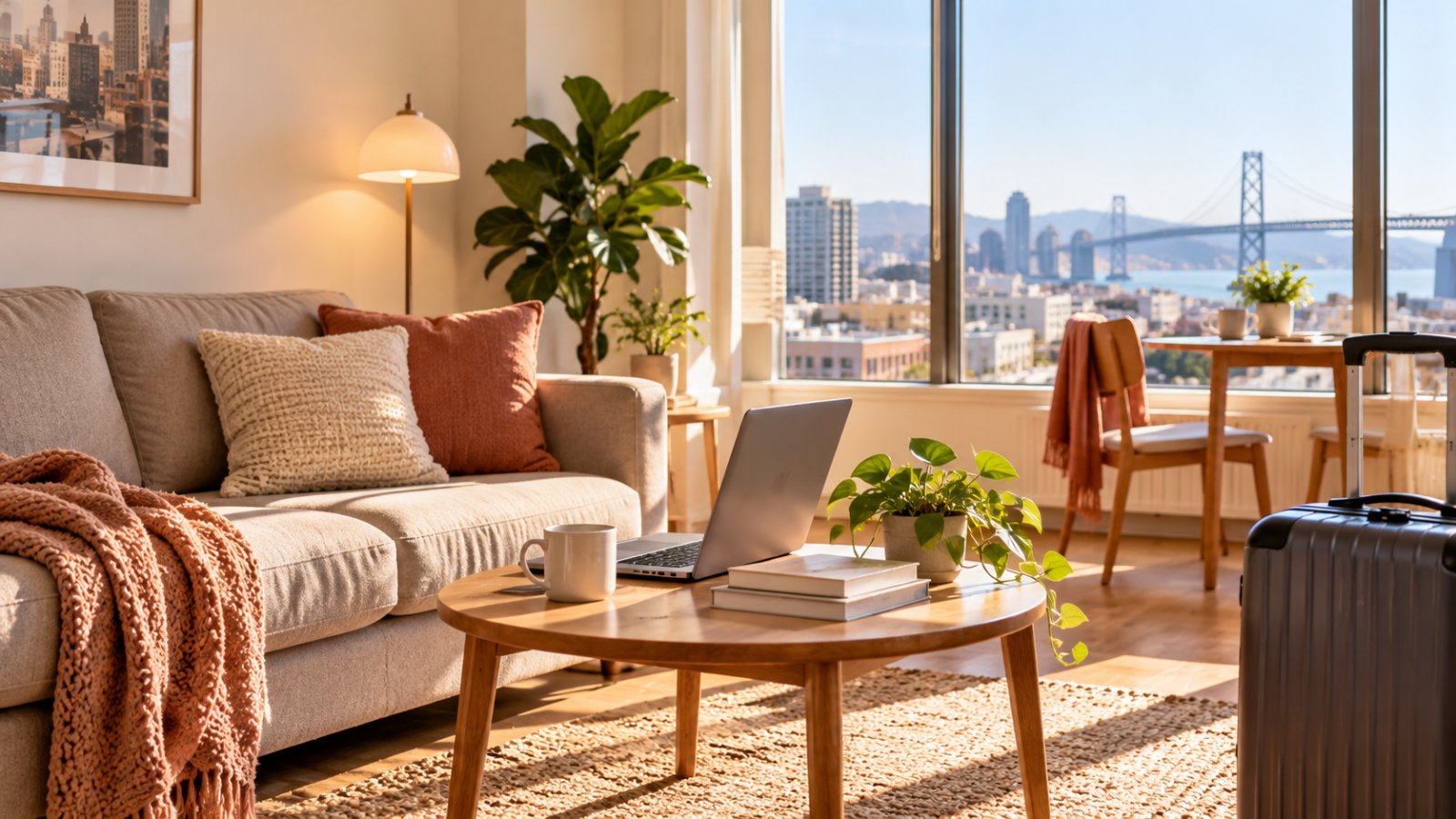 Cozy furnished apartment with a workspace and natural light for short-term stays
