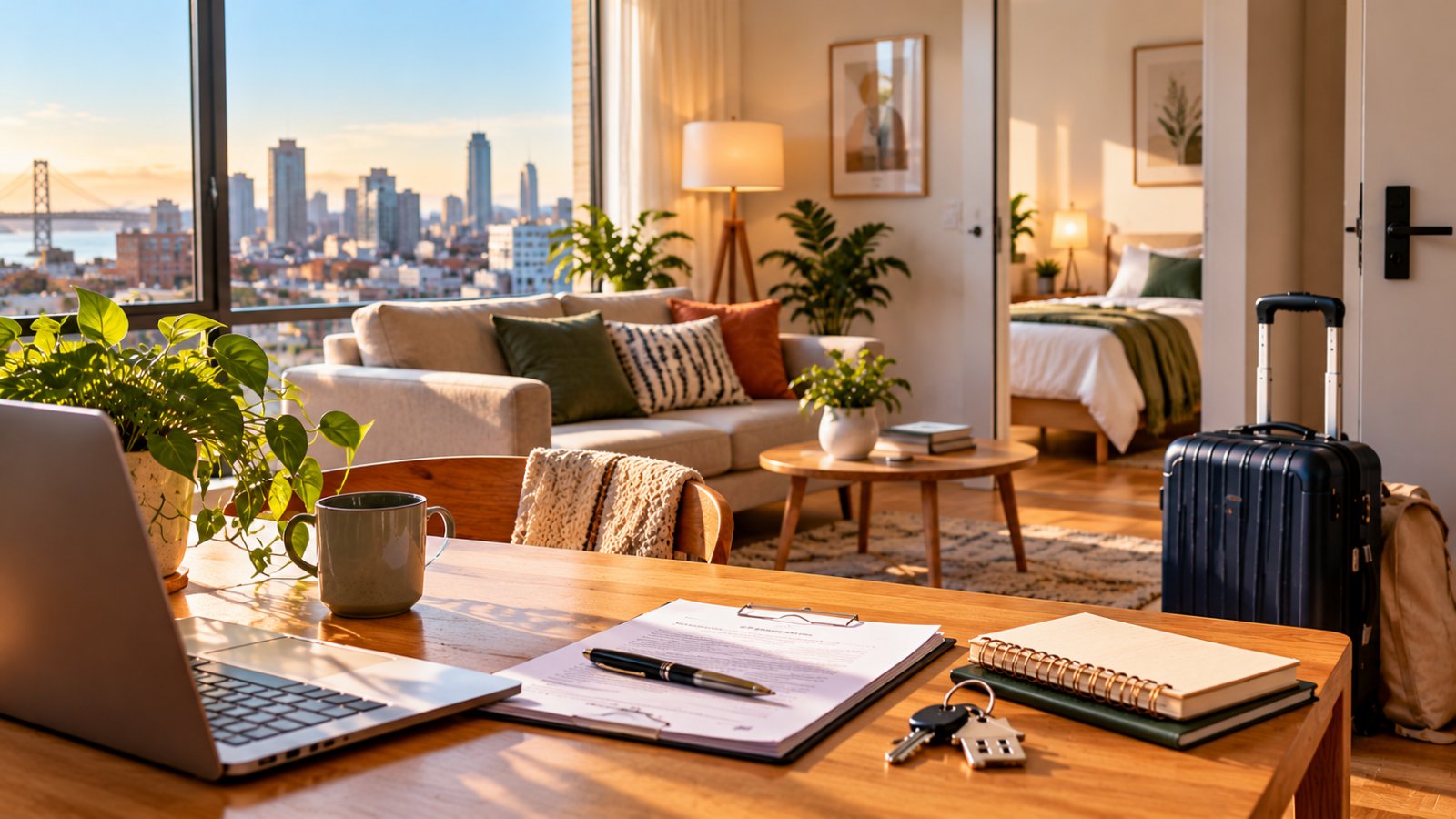 Furnished apartment with rental documents and keys on a table