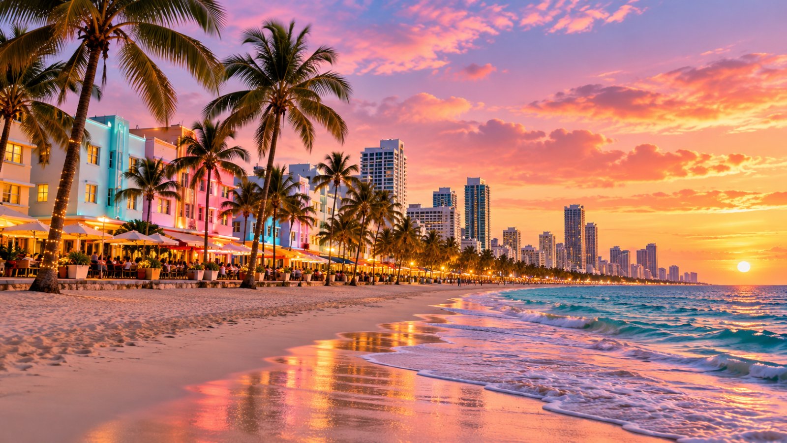 Miami Beach skyline at sunset during the Art Basel Miami Beach 2026 travel season.